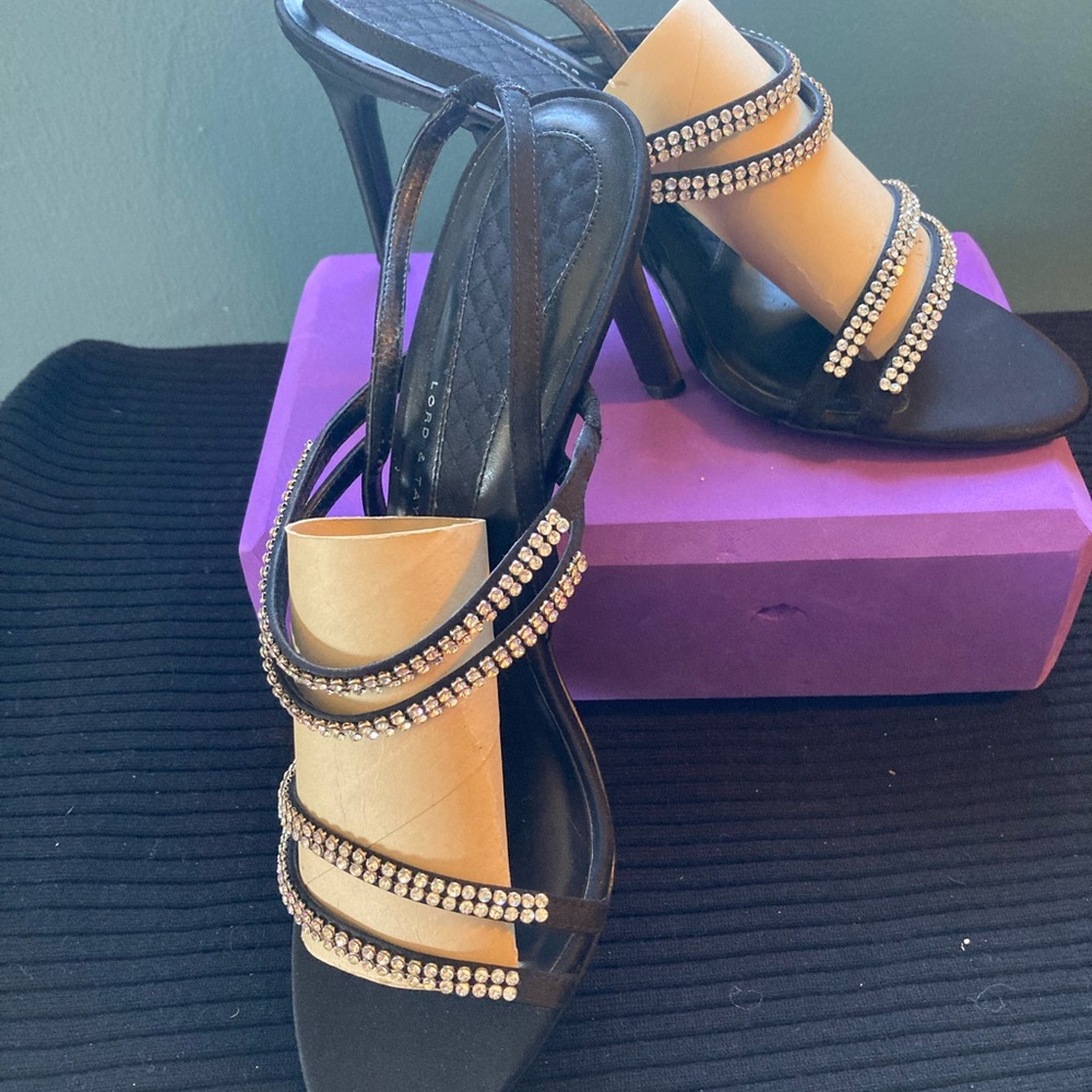 Lord & Taylor Black Rhinestone Strappy High Heel Sandals